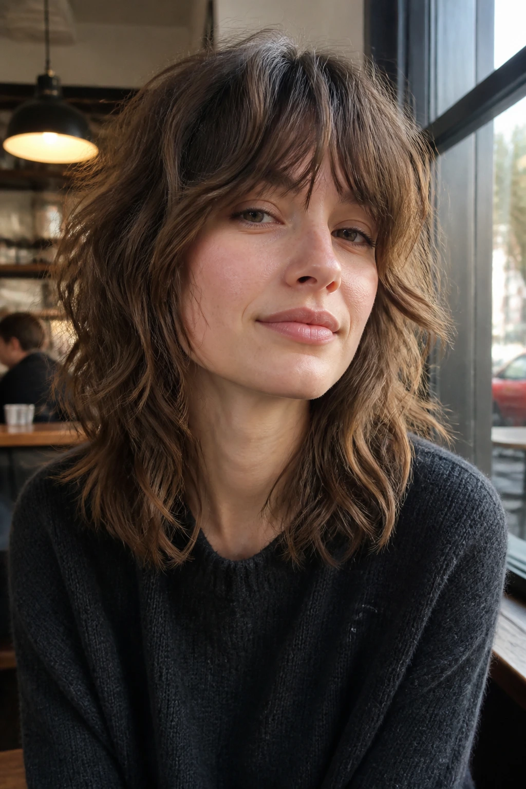 Close-up of a real person with a grown-out bob wolf hairstyle showing lifted crown and shoulder-length frame