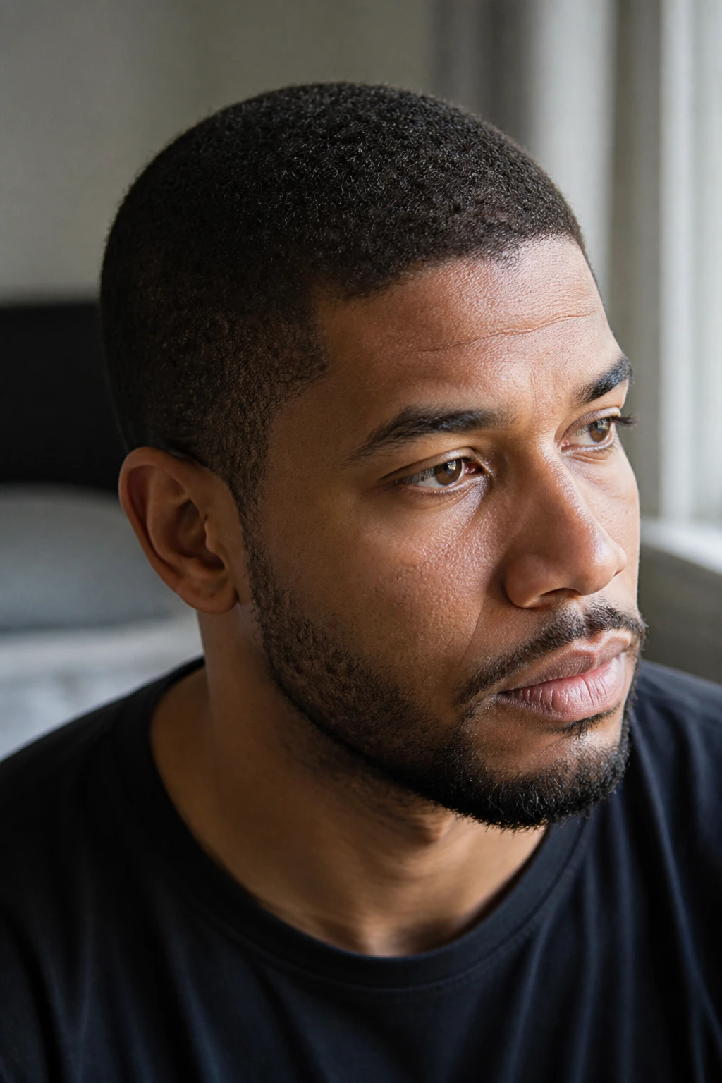Close-up portrait of a man with a grown-out buzz and relaxed edges