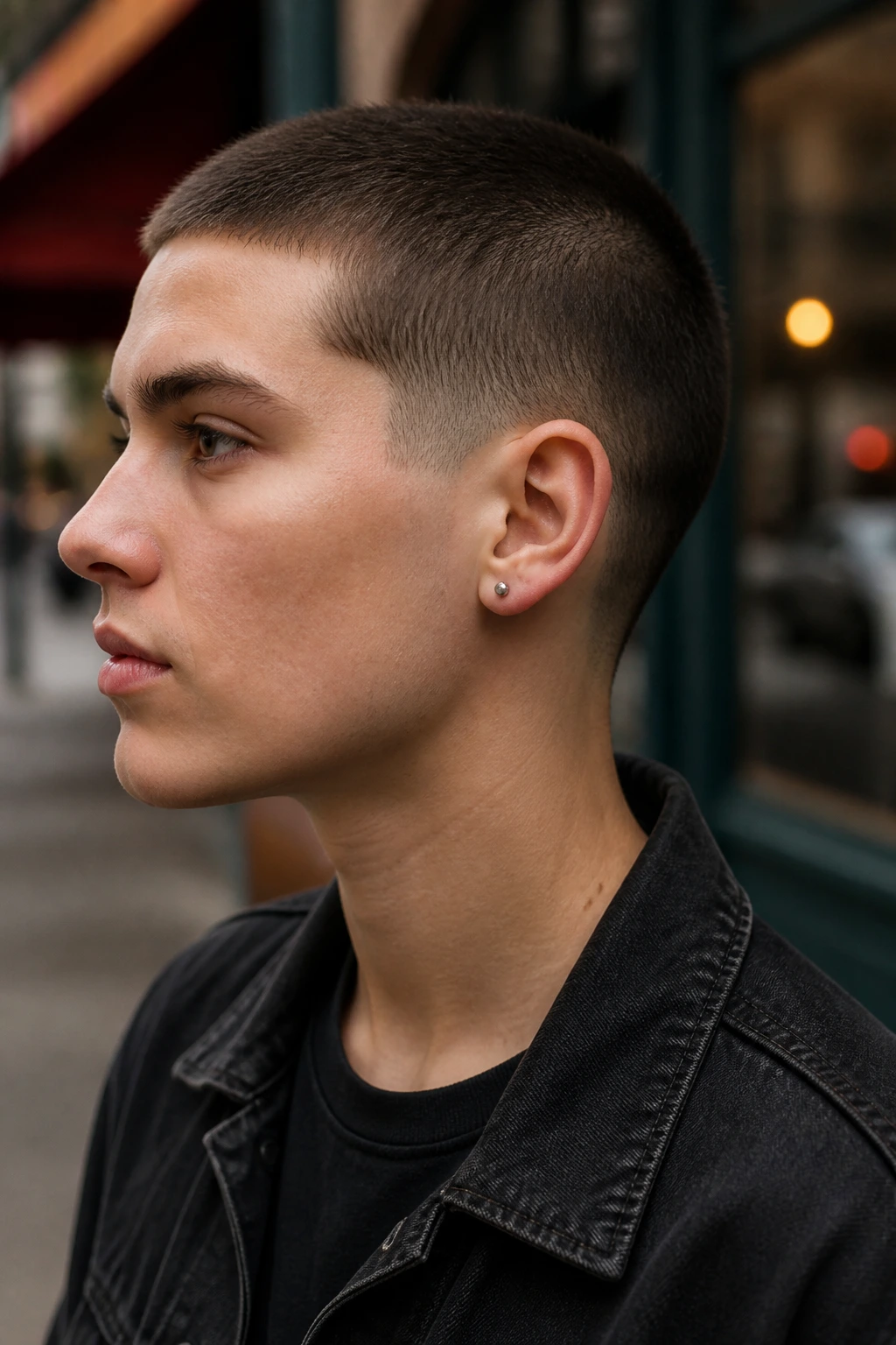 Close-up portrait of a real person with a grown-out buzz haircut and clean edges