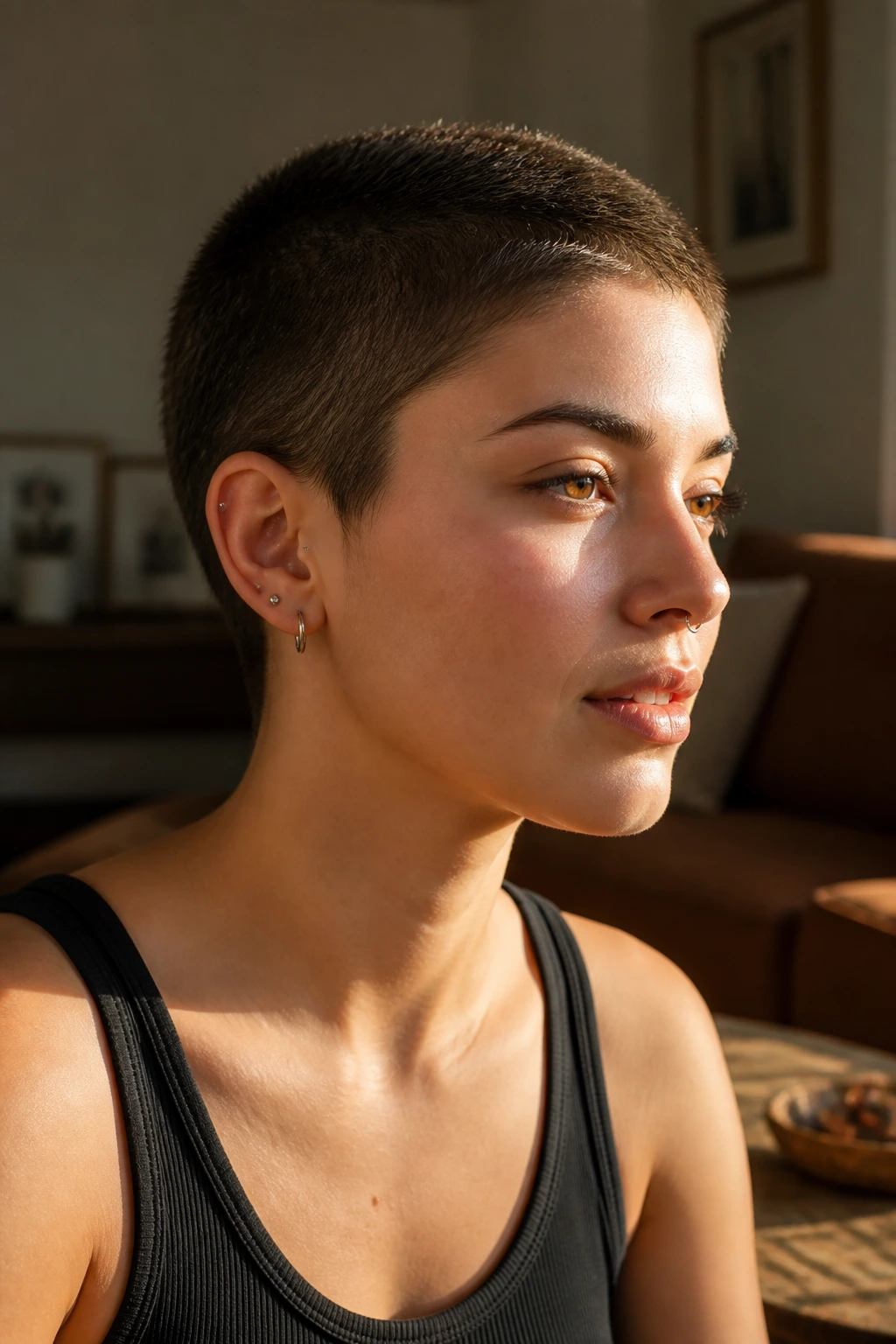 Close-up of a real person with a grown-out buzz cut and soft crop