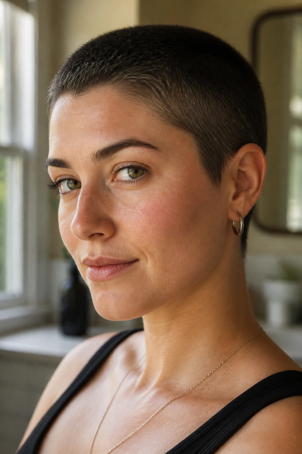 Close-up portrait of a real woman with a grown-out buzz and soft-edged top