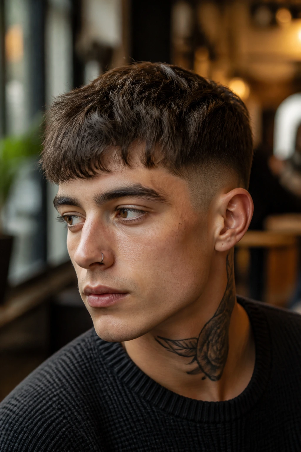 Portrait of a real person with a grown-out Chelsea cut, fringe softer and top textured.