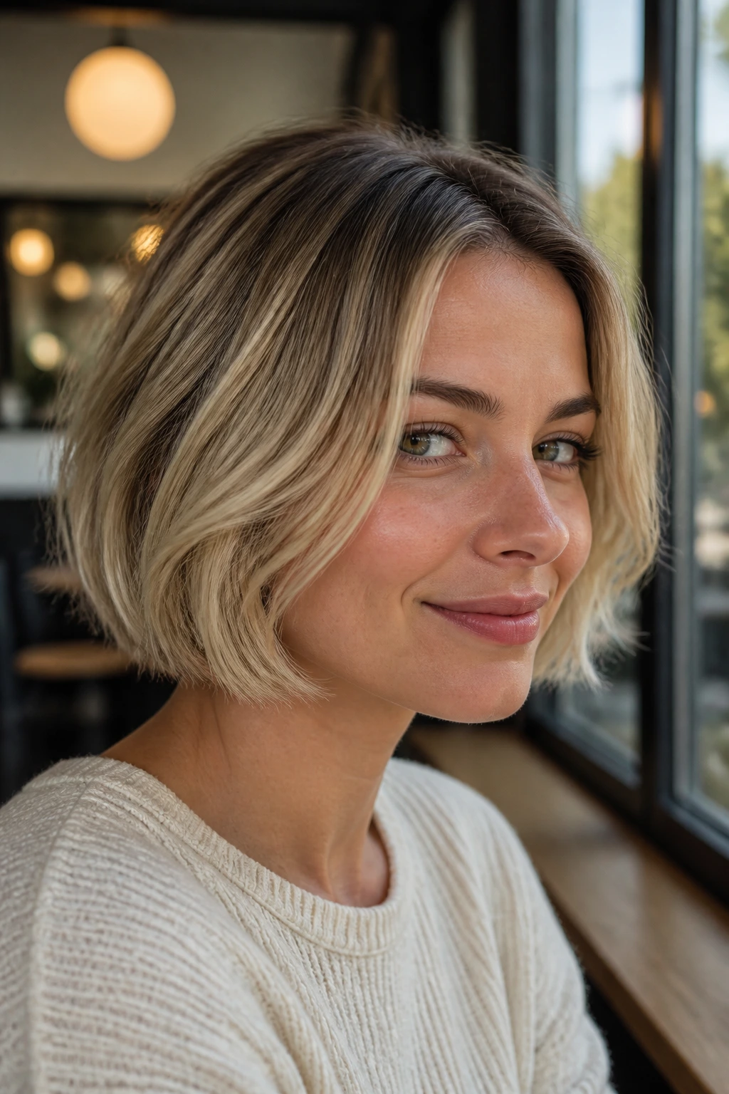 Portrait of a woman with a grown-out chin-length blonde bob