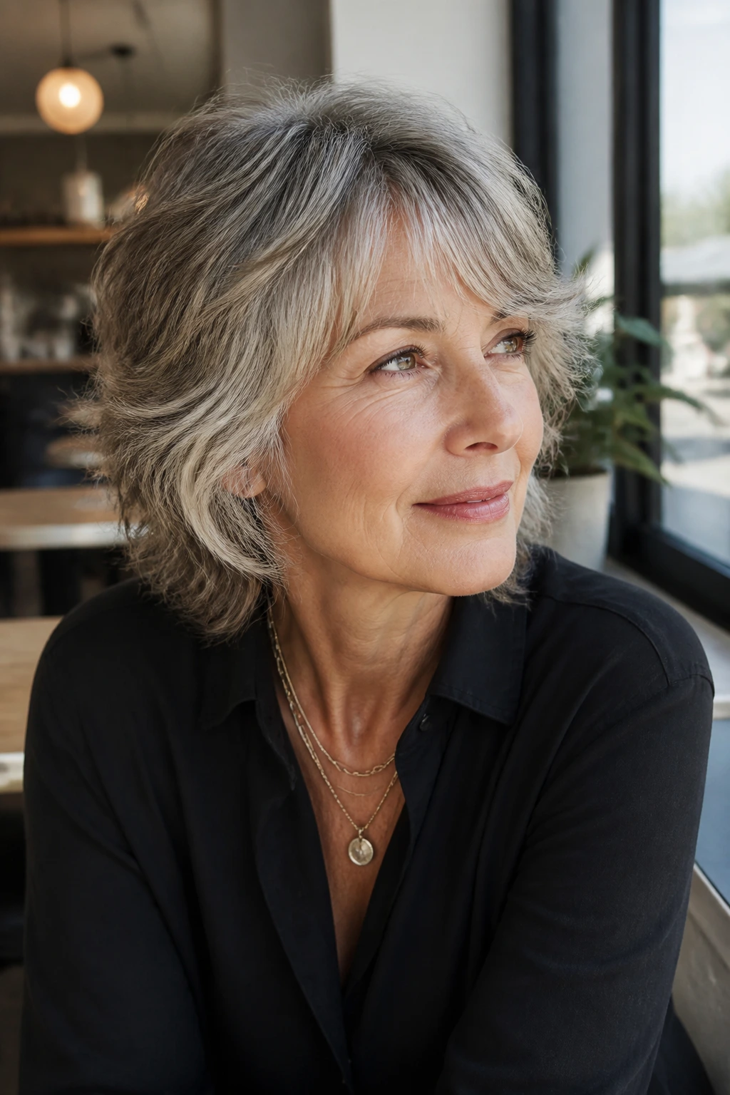 Portrait of a real woman with a grown-out long-crown shag in a sunlit cafe setting.
