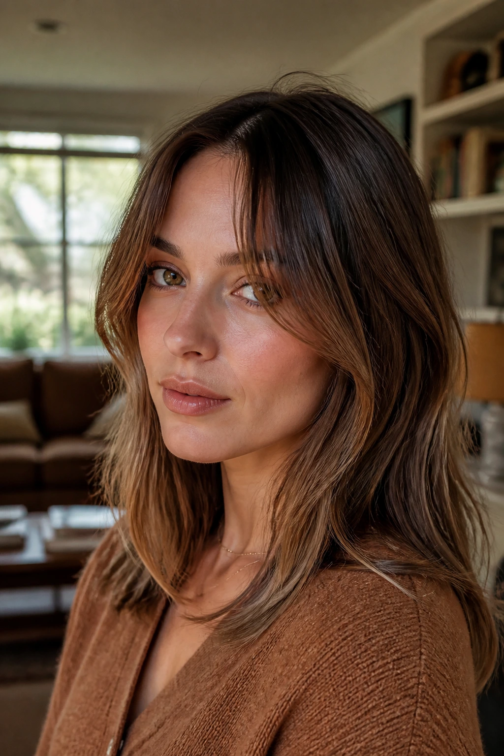 Close-up of real person with grown-out curtain bangs reaching lip length in a cozy living room