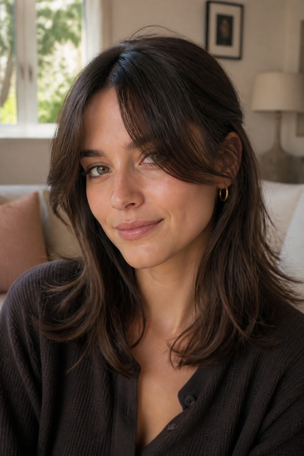 Portrait of a real woman with grown-out curtain bangs blending into hair