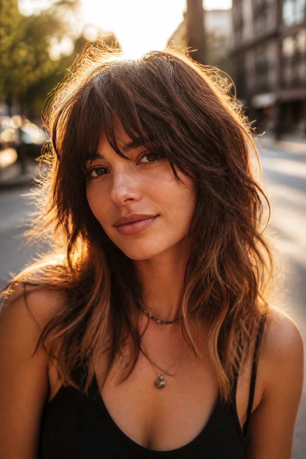 Close-up of a real woman with grown-out festival shag on wavy hair
