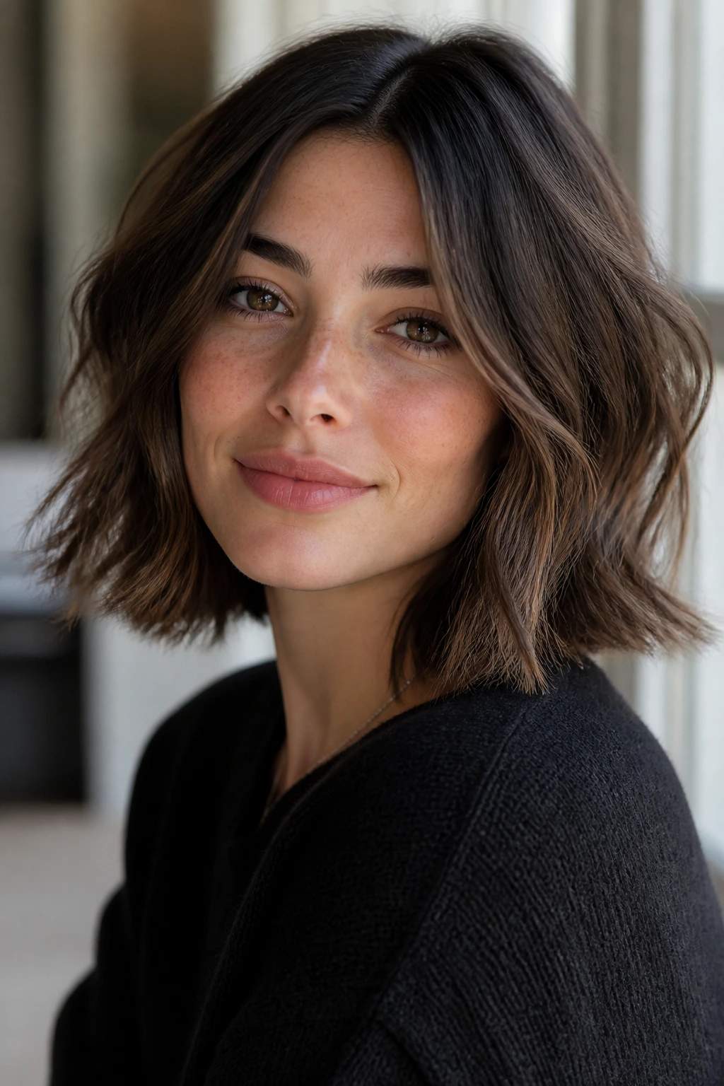 Close-up of a real person with grown-out French bob, loose wave