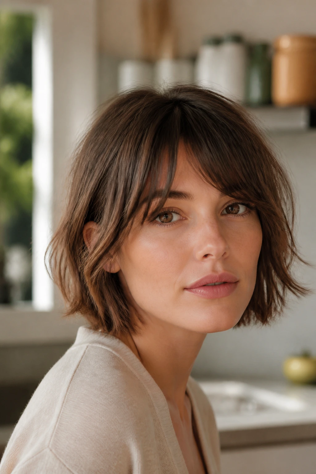 Close-up portrait of a real woman with a grown-out French bob and soft fringe in sunlit kitchen