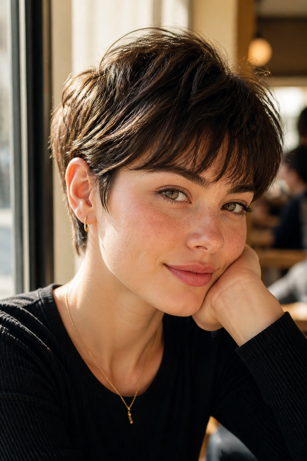 Close-up portrait of a real woman with a grown-out French pixie hairstyle.