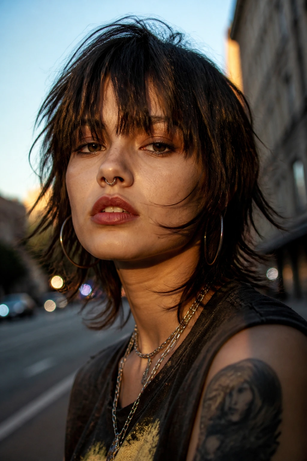 Portrait of a woman with grown-out chop fringe outdoors