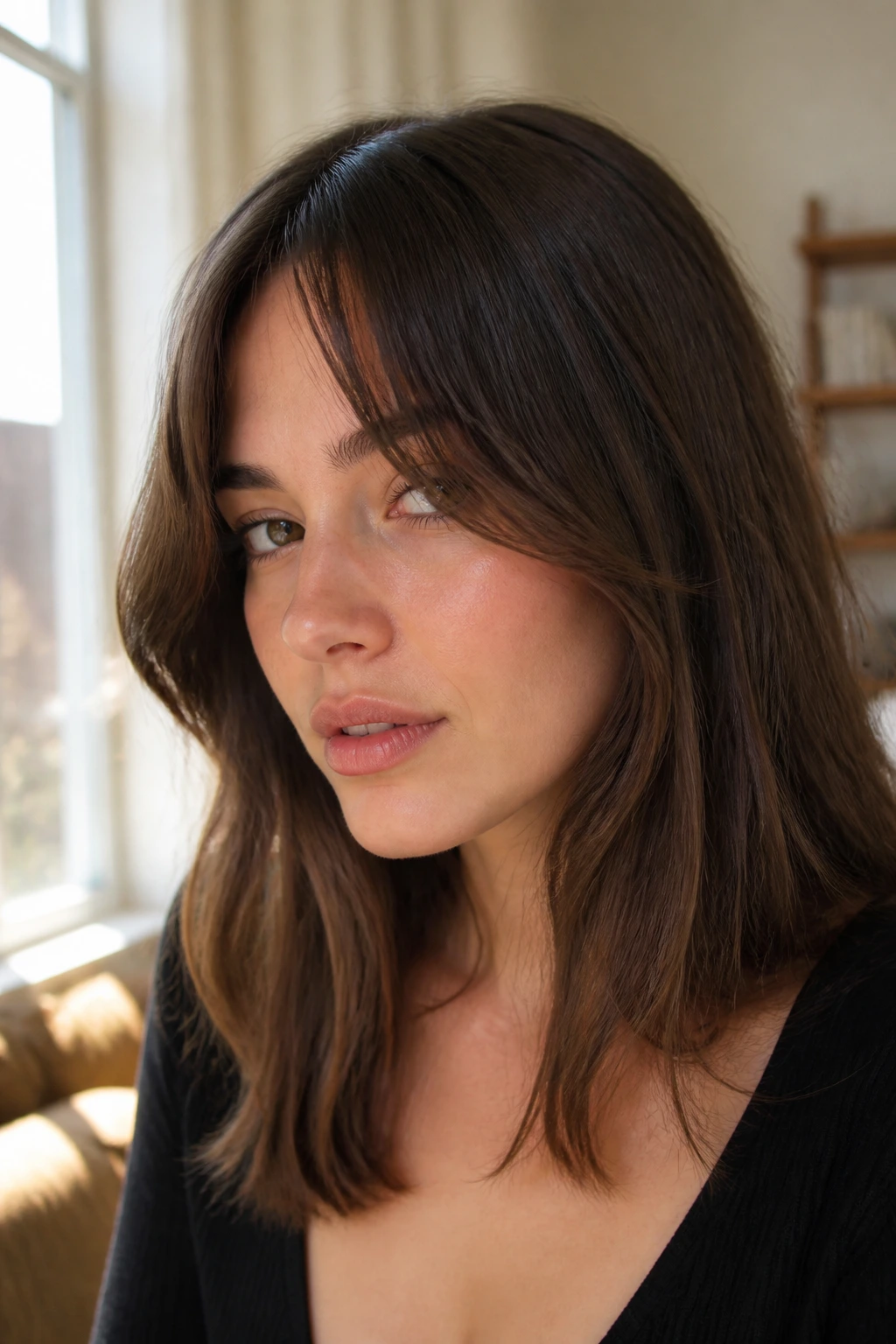 Close-up of a real woman with a grown-out fringe hugging the cheekbones in warm window light