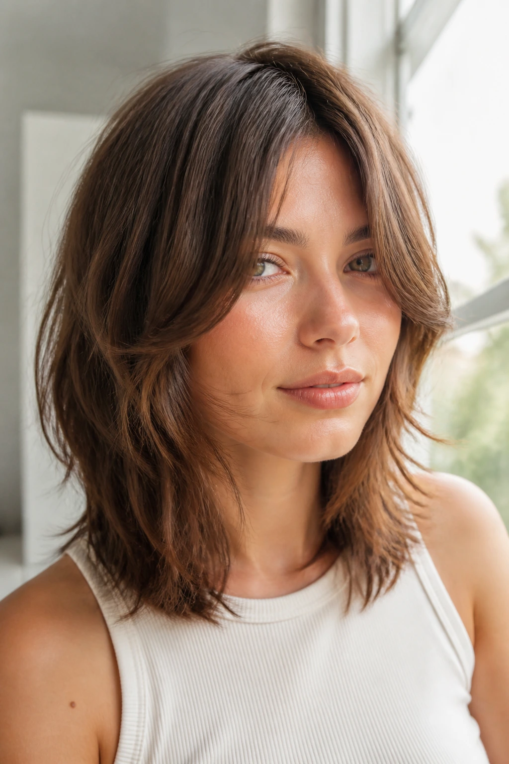 Woman with grown-out fringe brushing the cheekbones in bright light