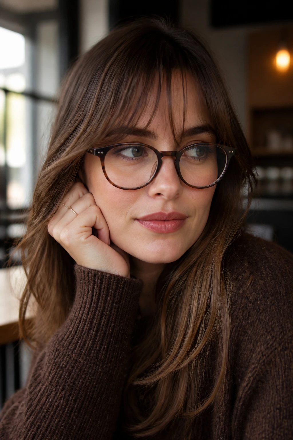 Close-up of a glasses-wearing woman with a grown-out fringe