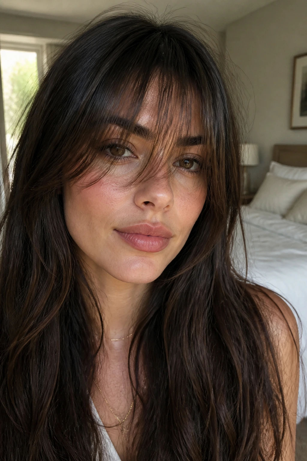 Close-up portrait of a real woman with softened grown-out fringe.