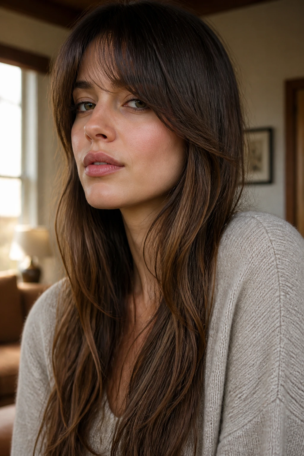 Portrait of a person with grown-out fringe blending into long hair in a softly lit living room