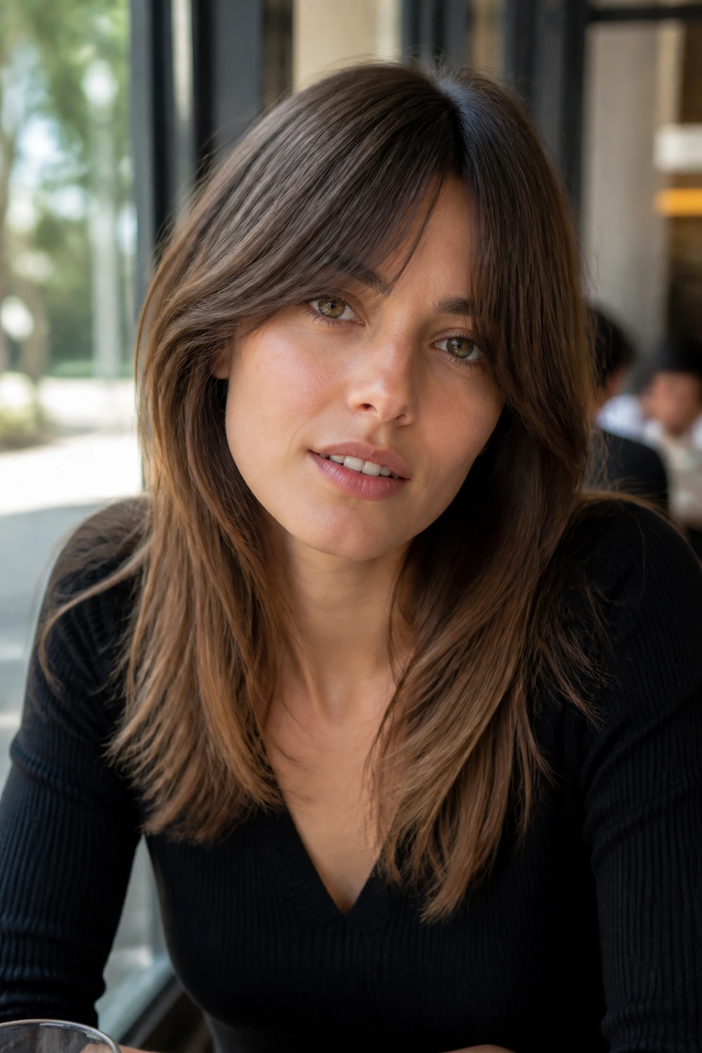 Portrait of a woman with grown-out fringe at a cafe window