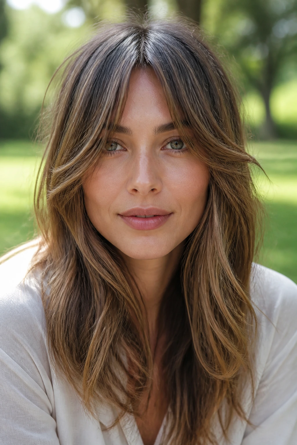 Close-up portrait of a real woman with grown-out fringe blending into face-framing layers
