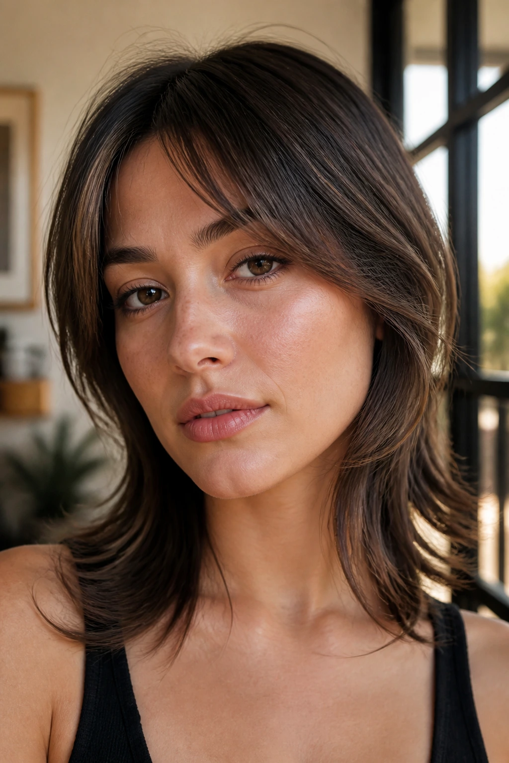Close-up portrait of a real woman with grown-out fringe parted off-center.