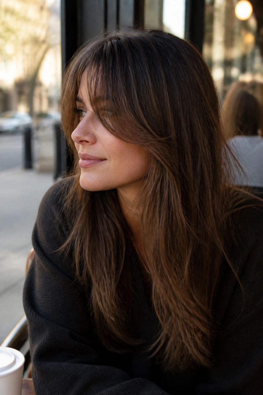 Close-up portrait of a real person with a grown-out fringe touching the lashes.