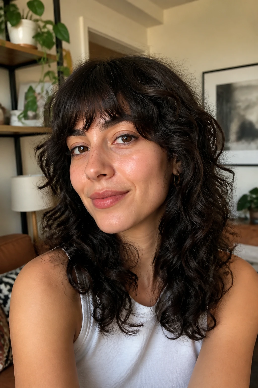 Real person with grown-out fringe shag showing soft fringe blending into layers