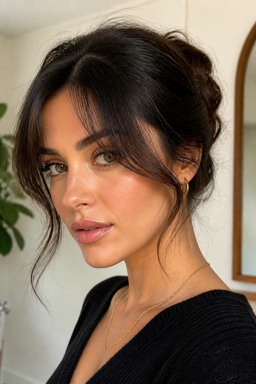 Portrait of grown-out fringe on thick hair