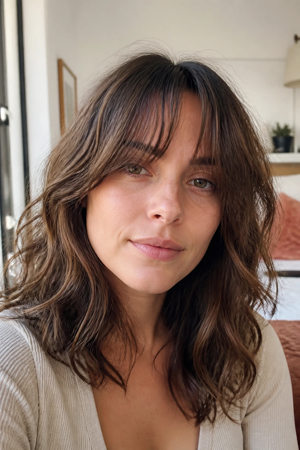 Portrait of a real person with a grown-out fringe framing the forehead