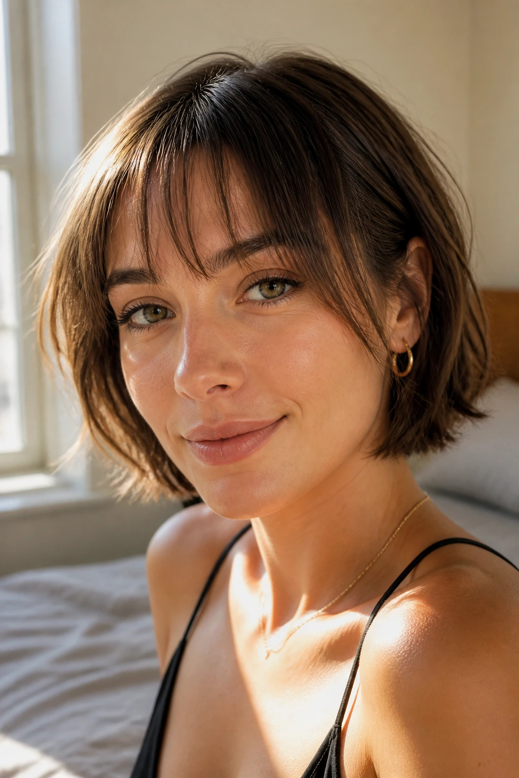 Close-up of a real woman with grown-out wispy fringe blending into a short bob in warm window light
