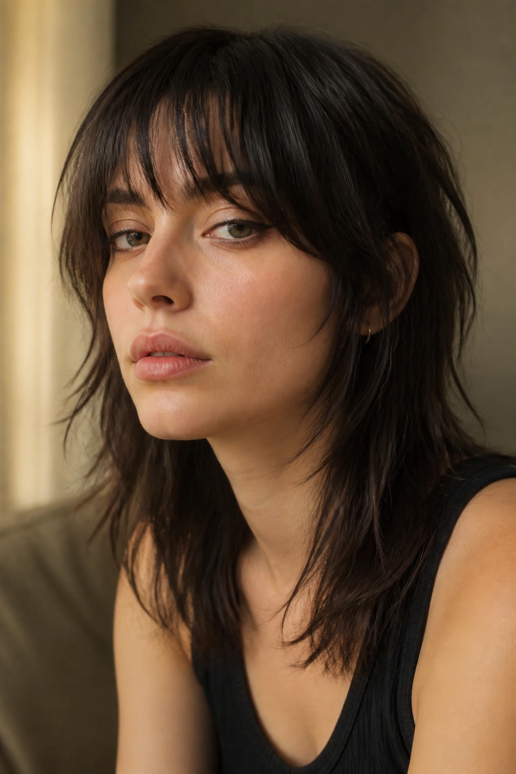 Close-up of a real person with a grown-out fringe wolf cut