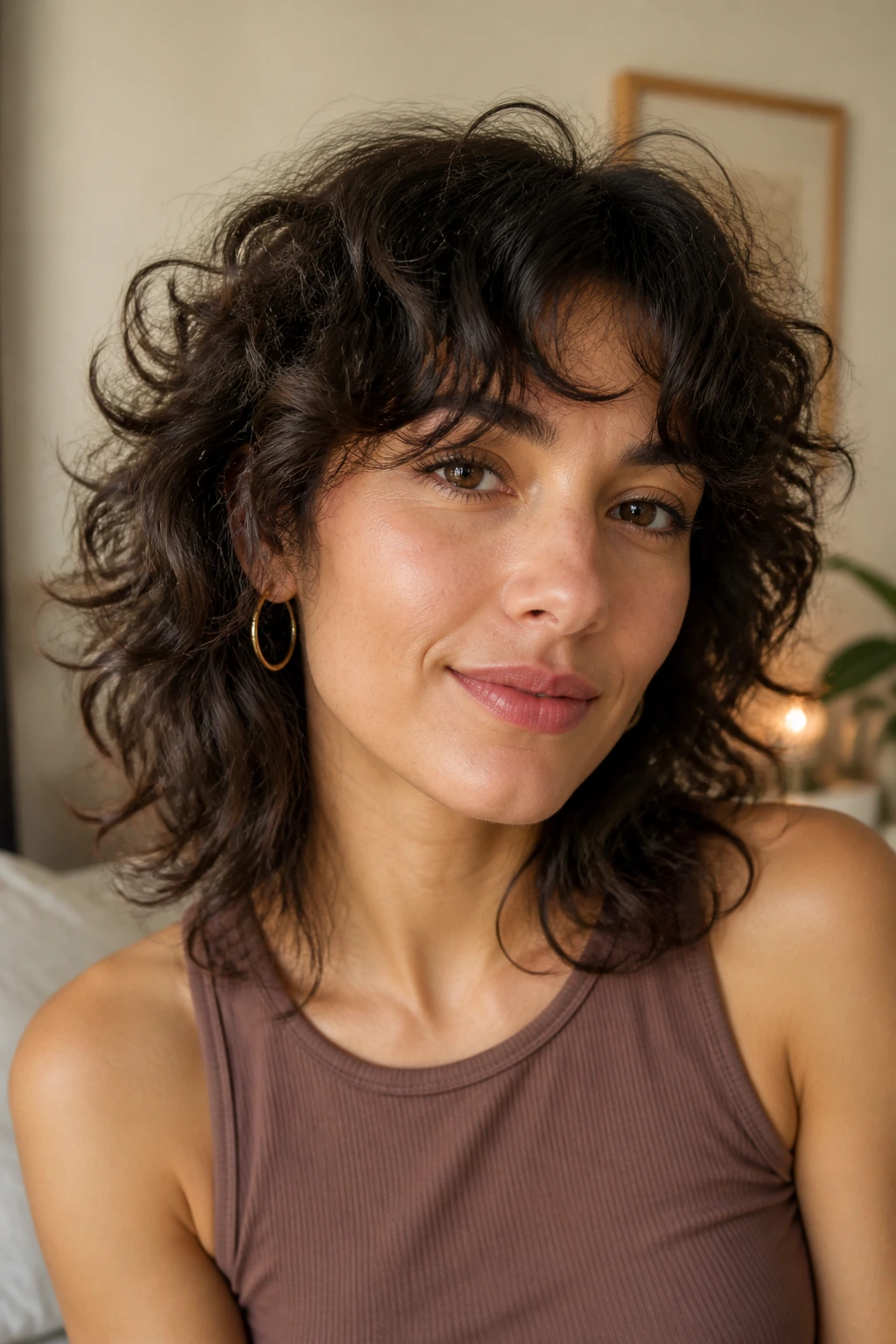 Close-up of real person with grown-out gentle shag and soft layered curls