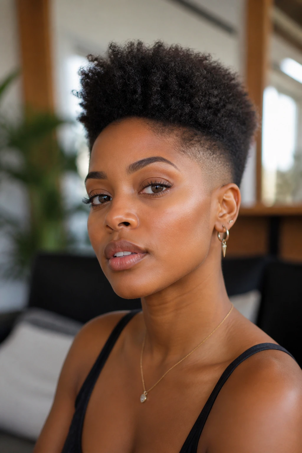 Close-up portrait of a real Black woman with a grown-out high top fade.