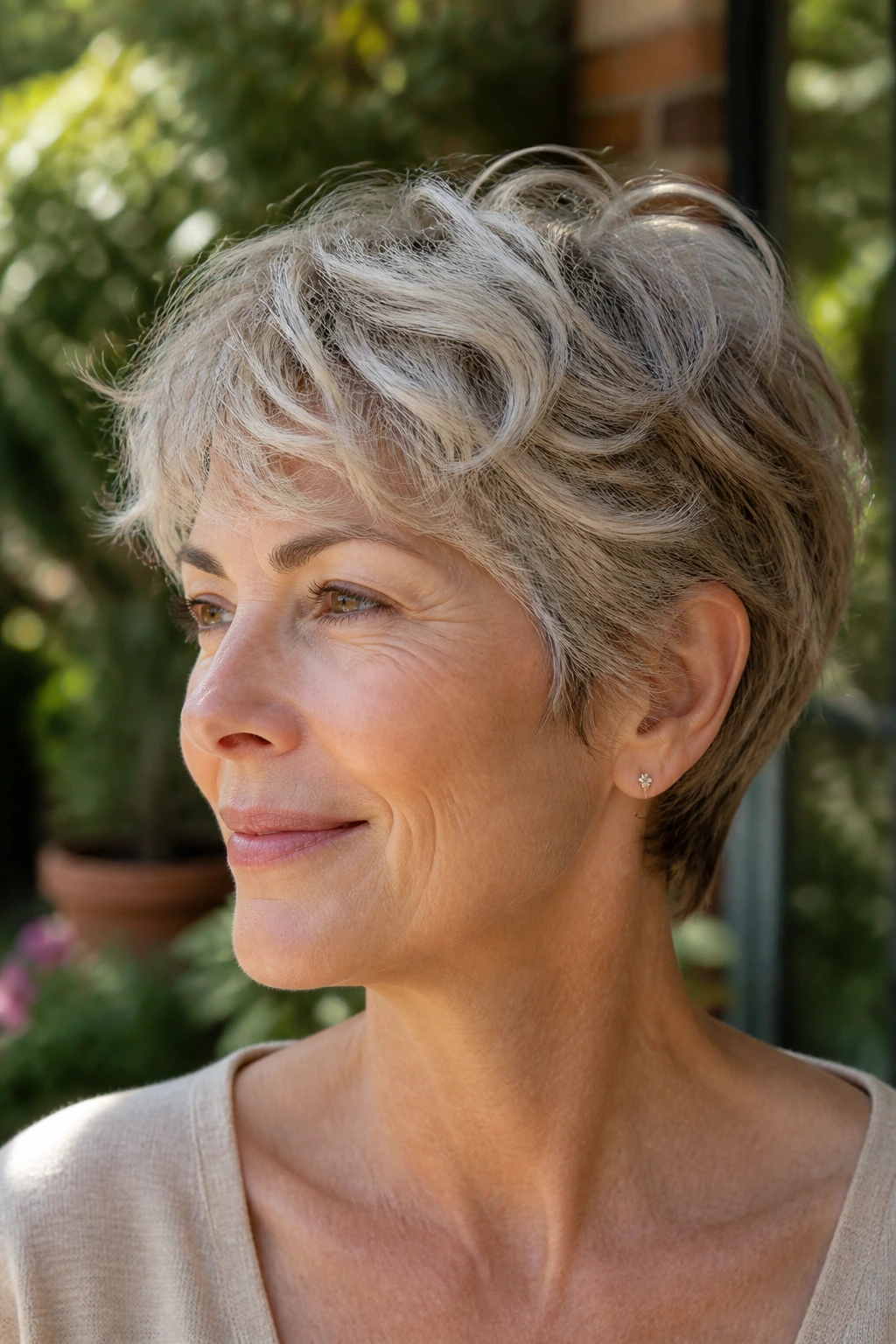 Woman with grown-out layered crop in sunlit garden