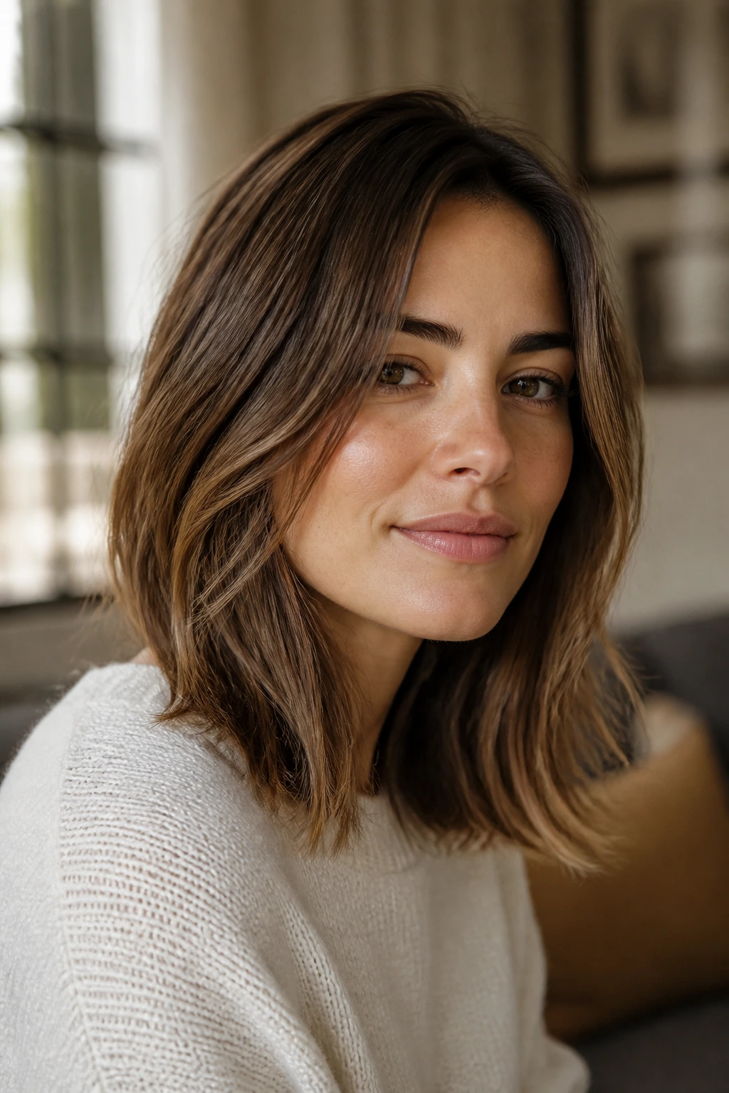 Close-up of a real woman with a grown-out layered lob hairstyle