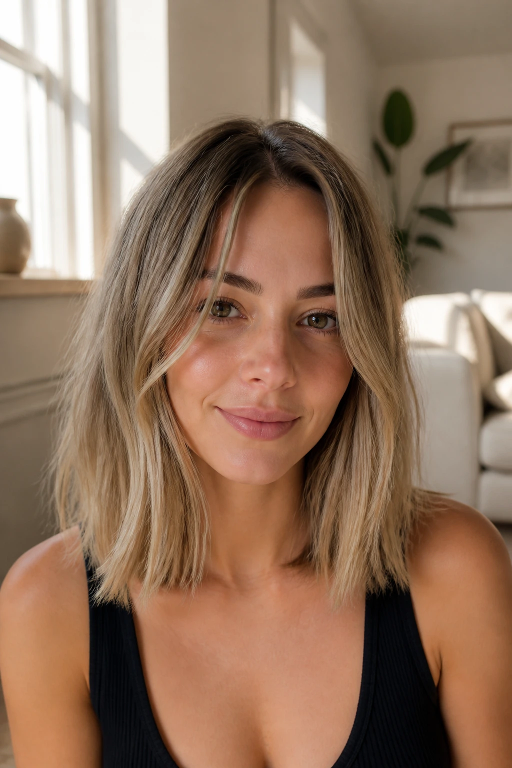 Close-up of a real person with a grown-out lob showing minimal layering and natural drift.