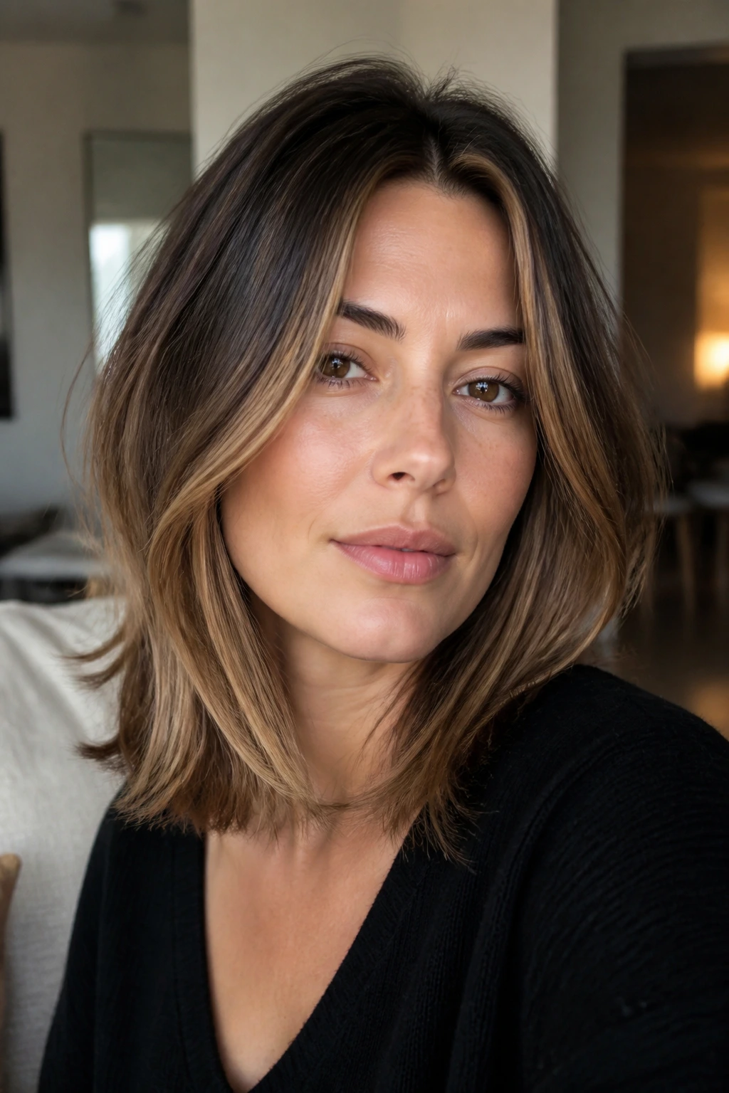 Close-up portrait of a real woman with a grown-out lob and soft layers