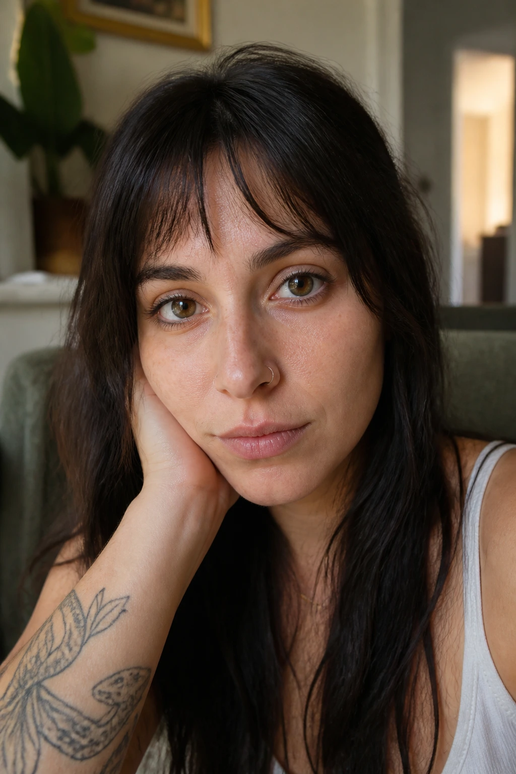 Close-up of a person with grown-out micro bangs blending into face-framing pieces