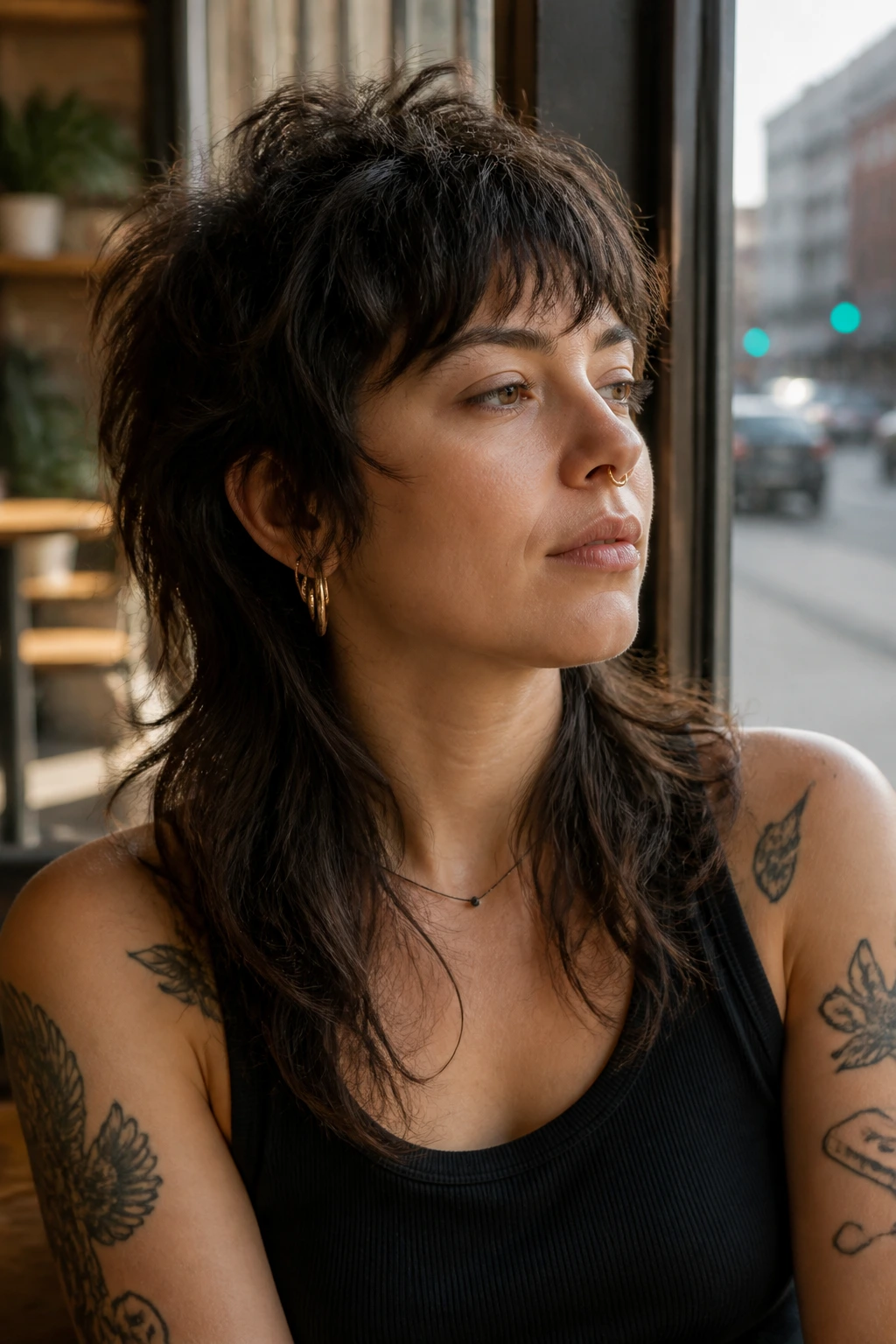 Close-up portrait of a real woman with a grown-out rebel mullet in warm cafe light