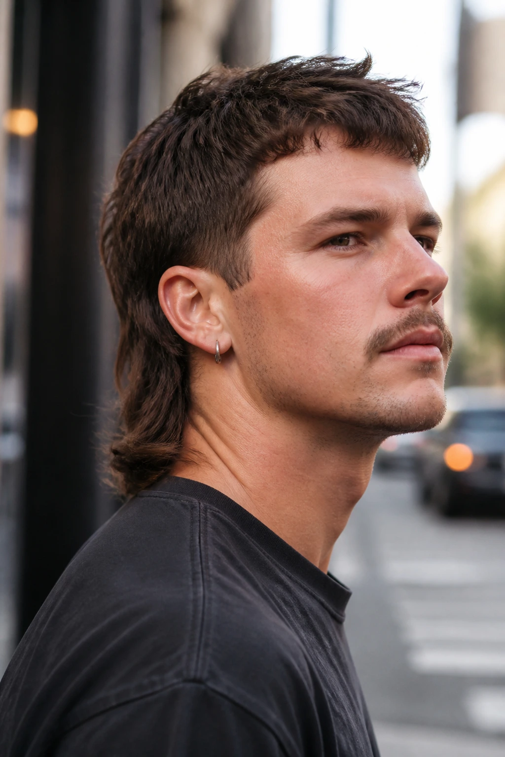 Close-up portrait of a real person with a grown-out mullet in a soft daylight urban setting