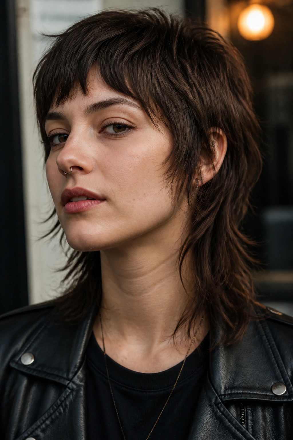 Close-up of a real person with grown-out mullet shag in moody urban light