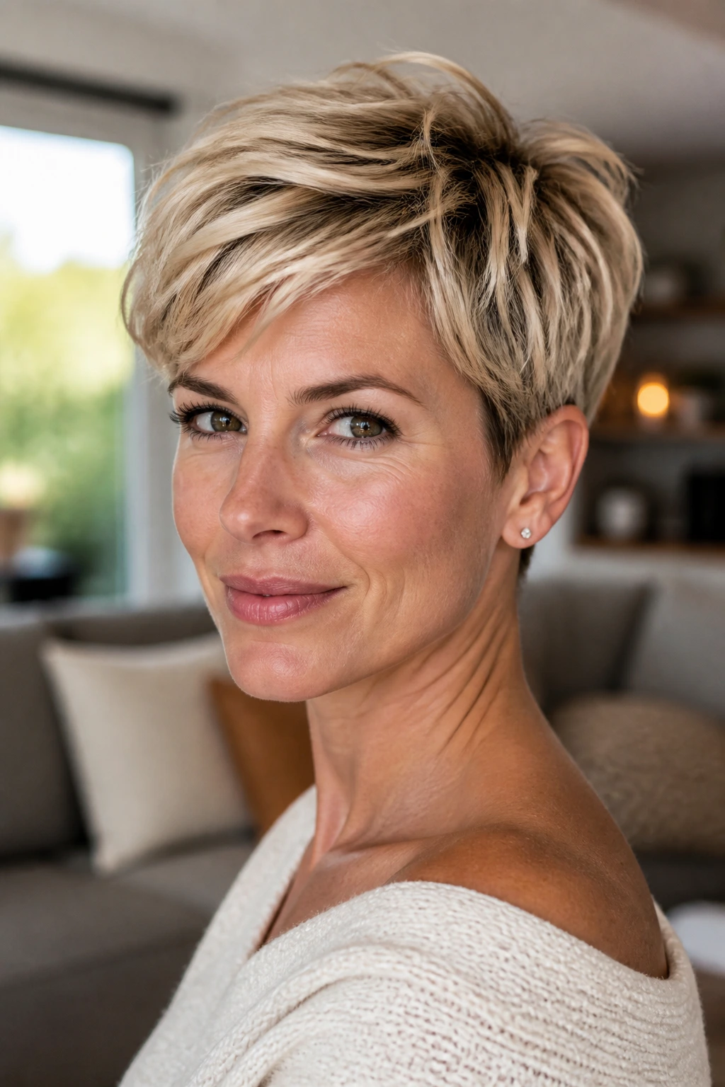 Close-up of a real woman with grown-out blonde pixie in cozy living room light
