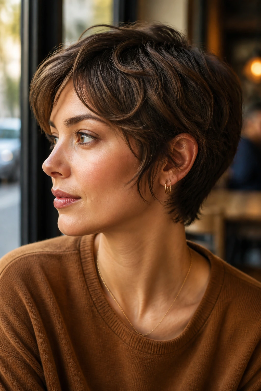 Close-up of a real woman with grown-out pixie bob hybrid and soft feathered ends