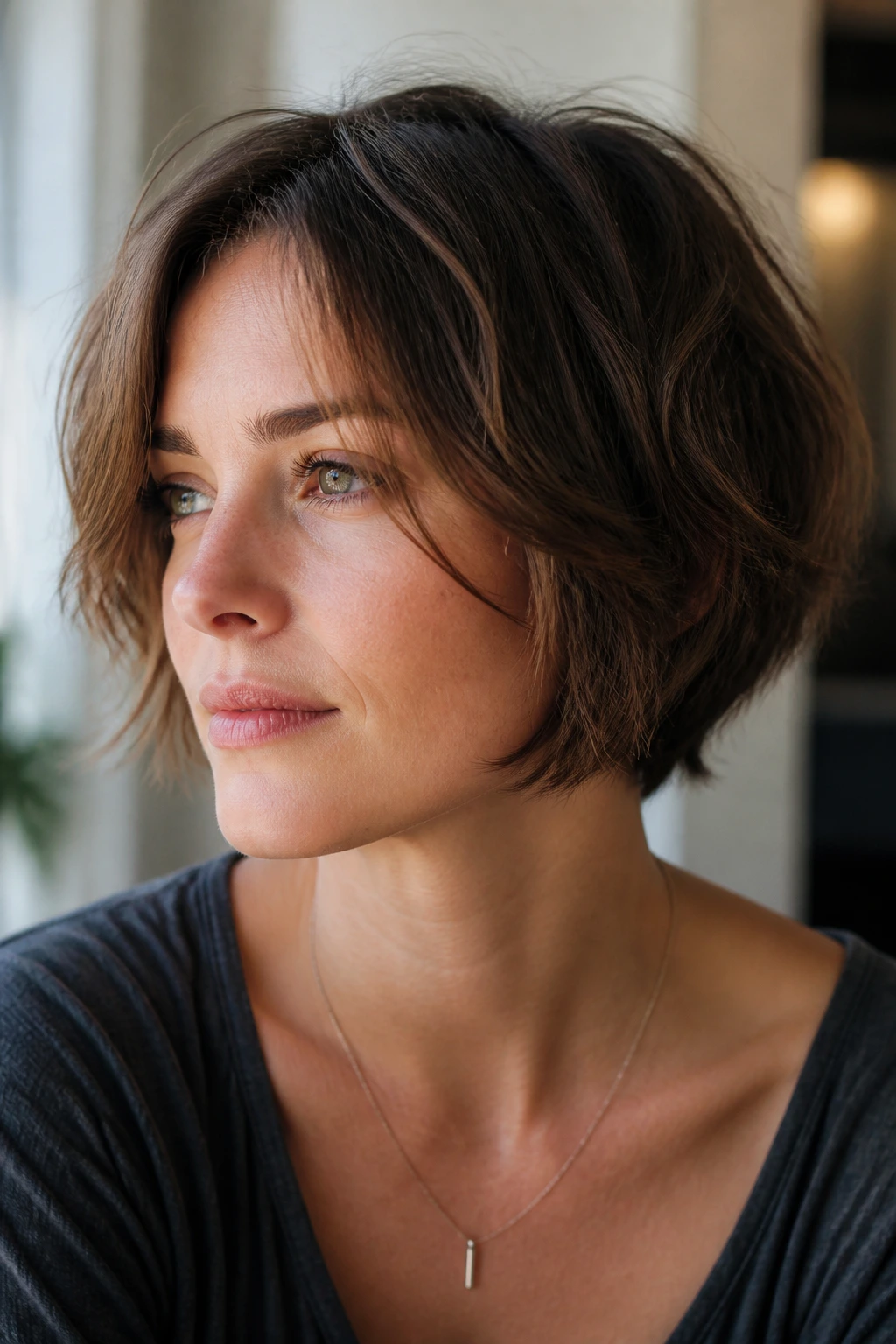 Close-up portrait of a real woman with grown-out pixie bob and softened neckline.