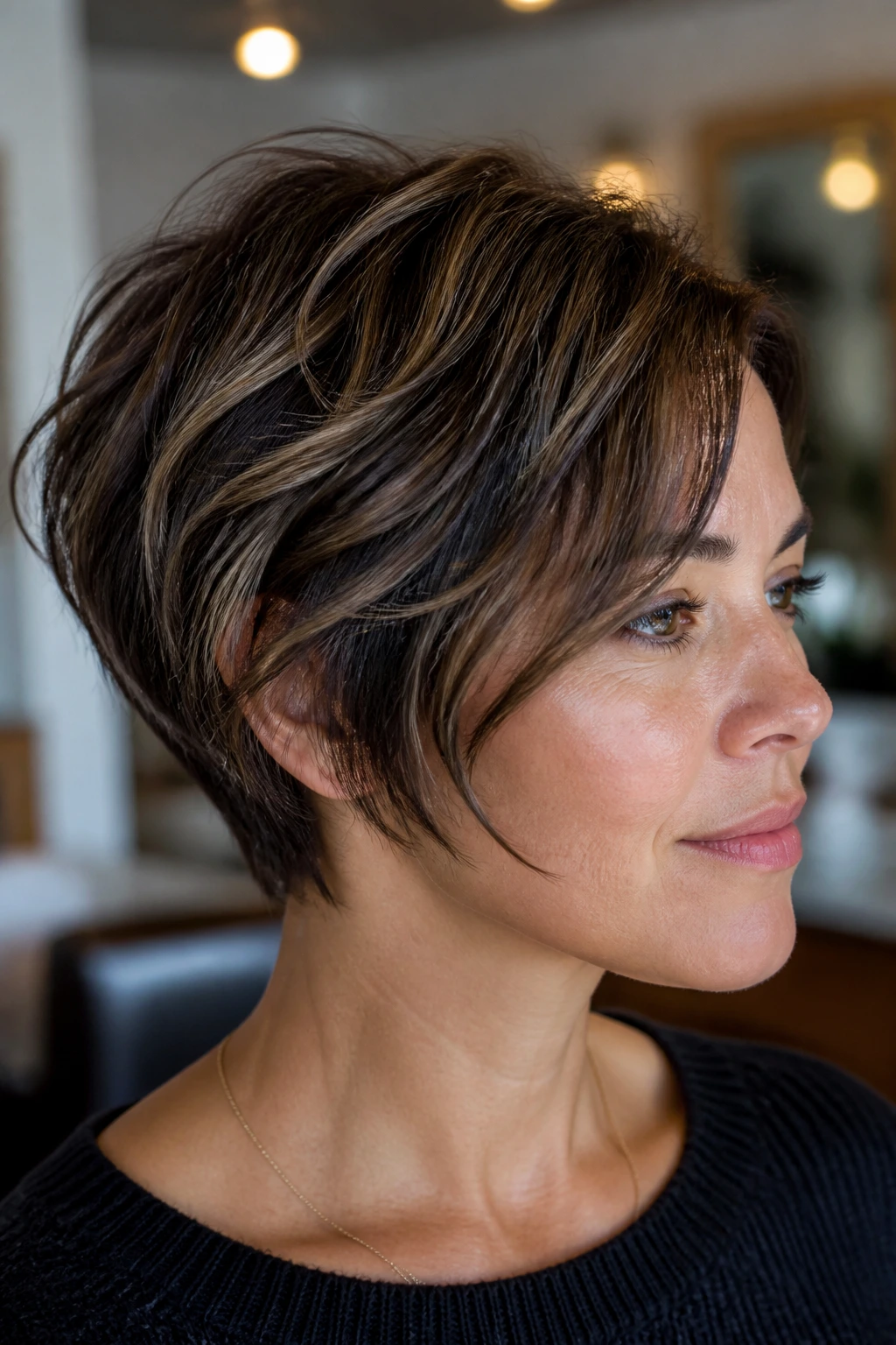 Close-up portrait of a real person with Grown-Out Pixie Bob showing soft edges and relaxed top