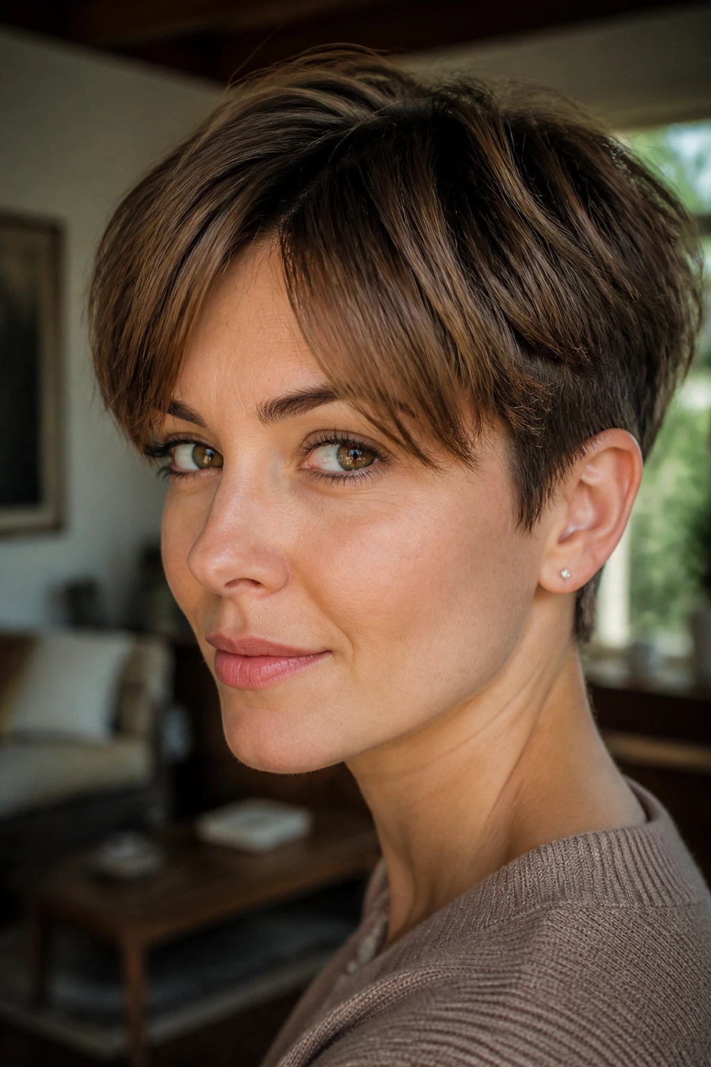 Real woman with pixie cut and curtain bangs showing a gentle split in the fringe.