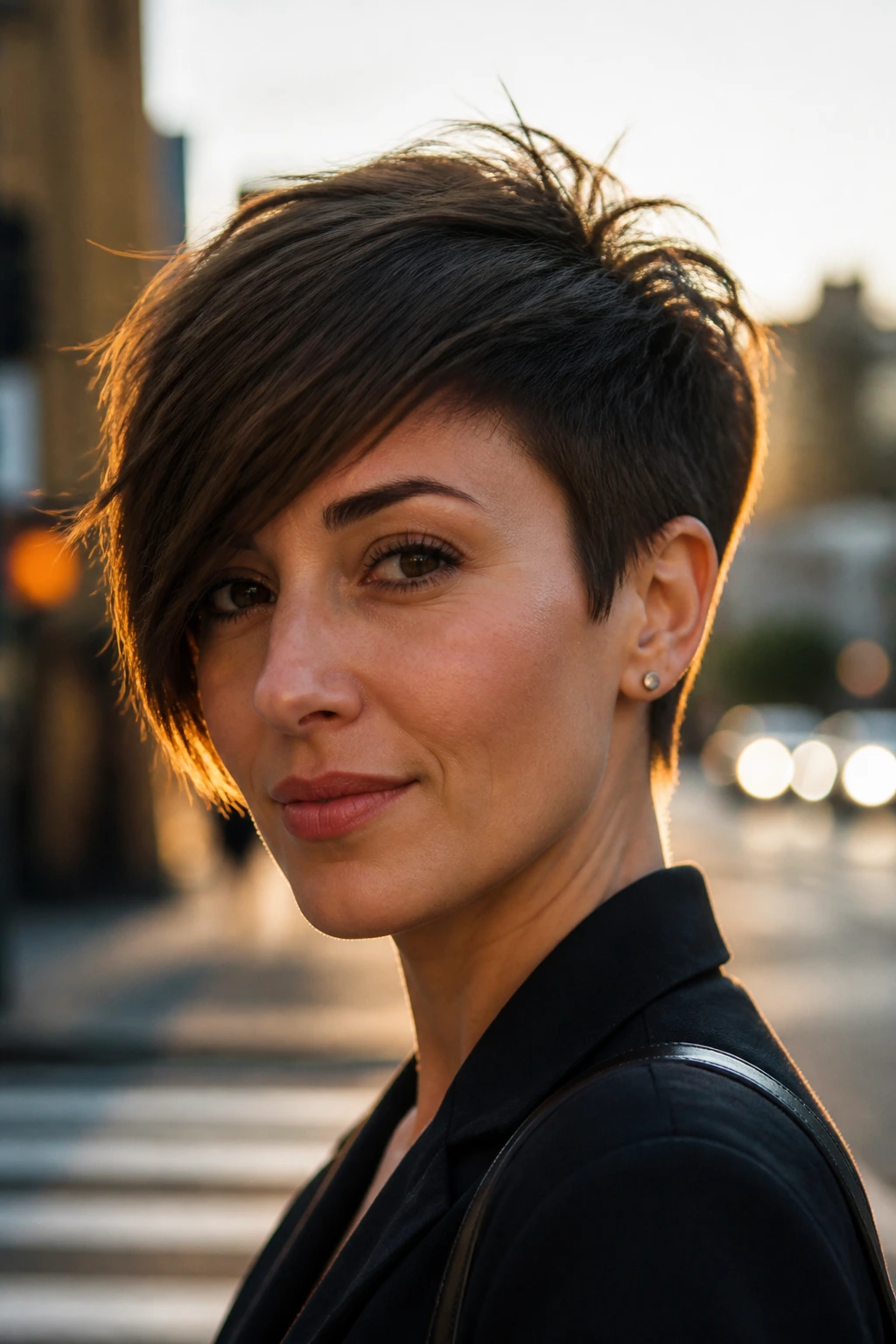 Close-up Grown-Out Pixie with Long Fringe hairstyle on a real woman with sweeping forehead fringe