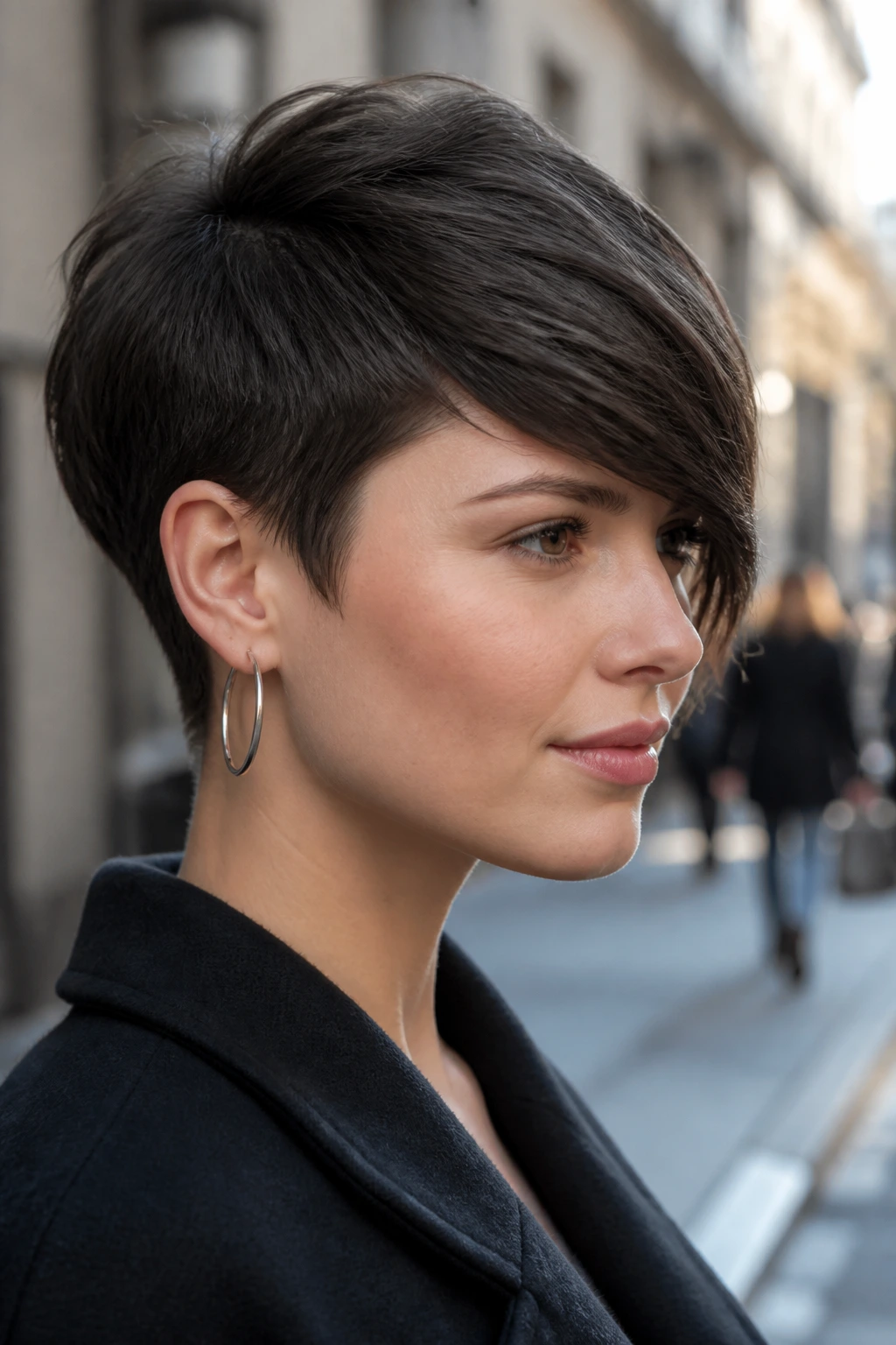 Portrait of a real woman with a grown-out pixie and long fringe across the forehead