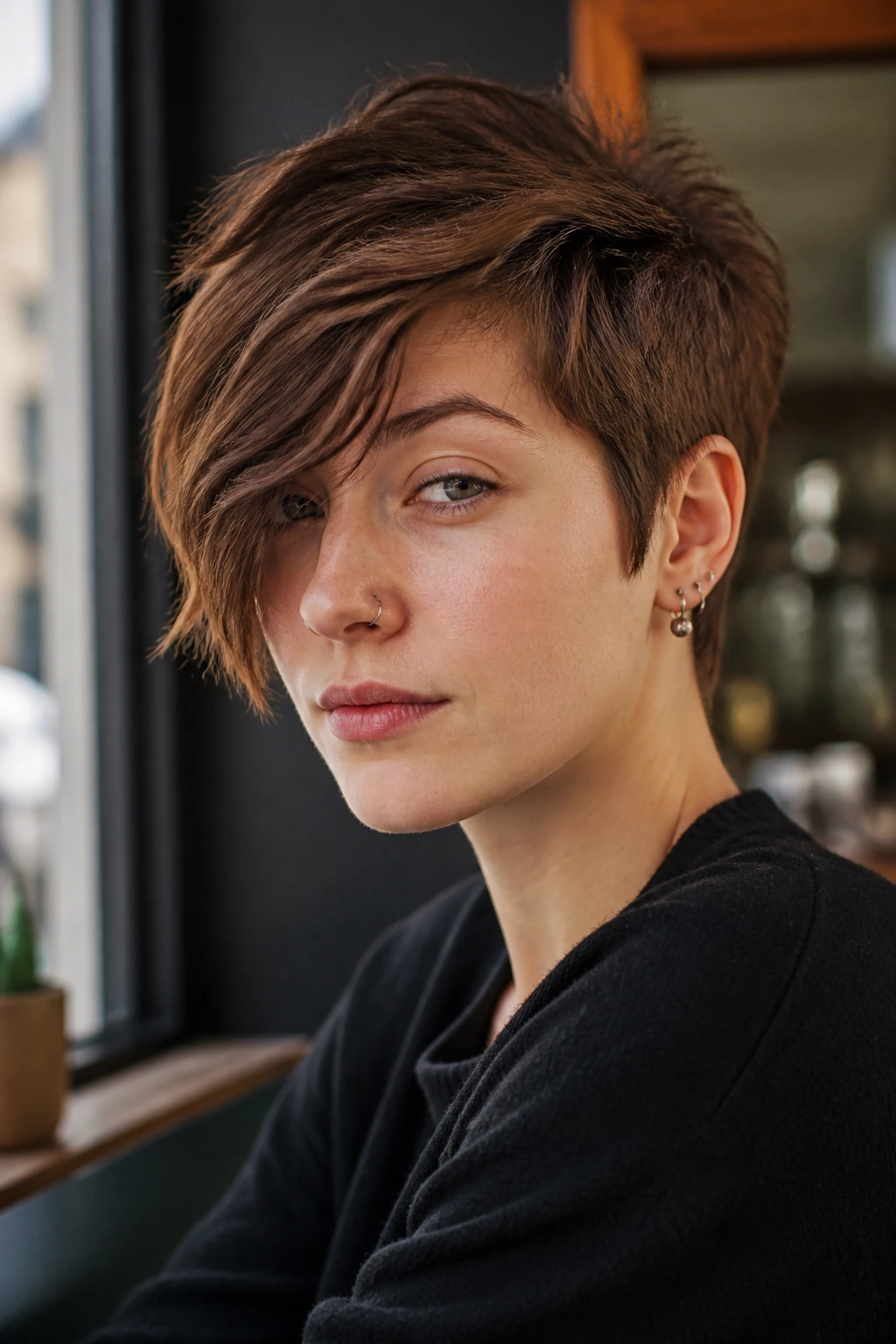 Real person with grown-out pixie and long fringe portrait.