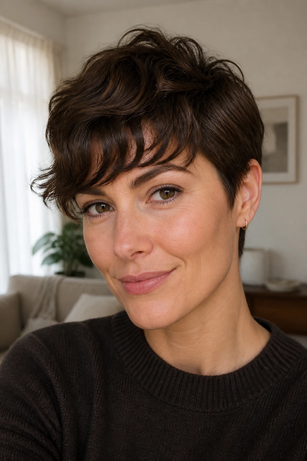 Close-up of a real woman with a grown-out pixie and wave fringe in a sunlit living room