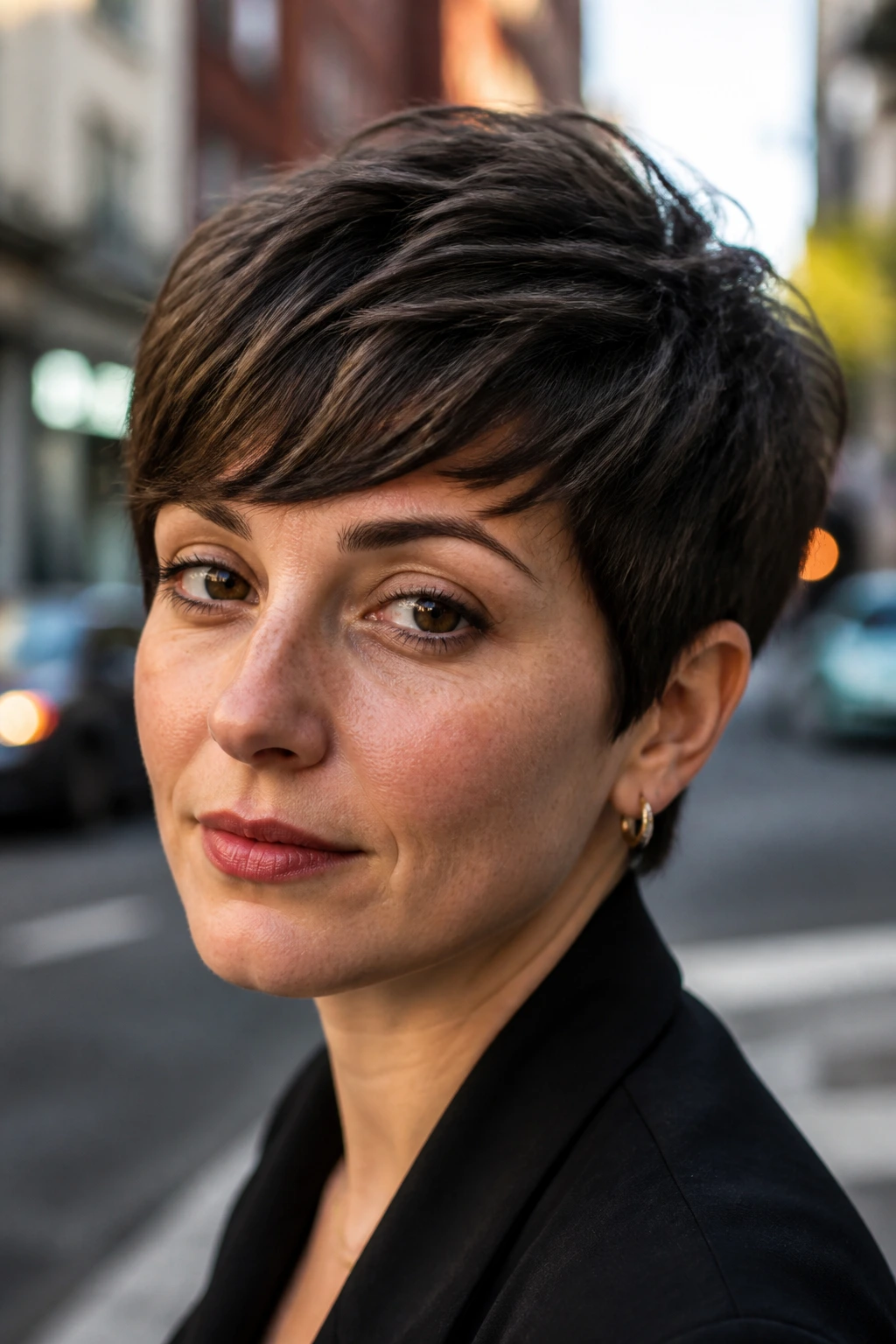 Close-up portrait of a real person with grown-out pixie showing extended crown and tapered edges