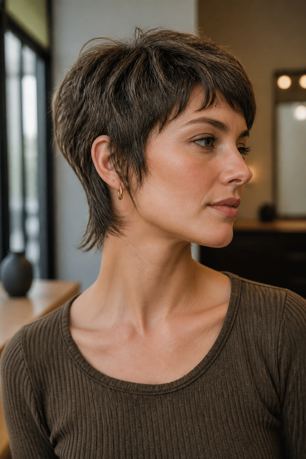 Close-up of a real woman with a Grown-Out Pixie showing longer perimeter for growth